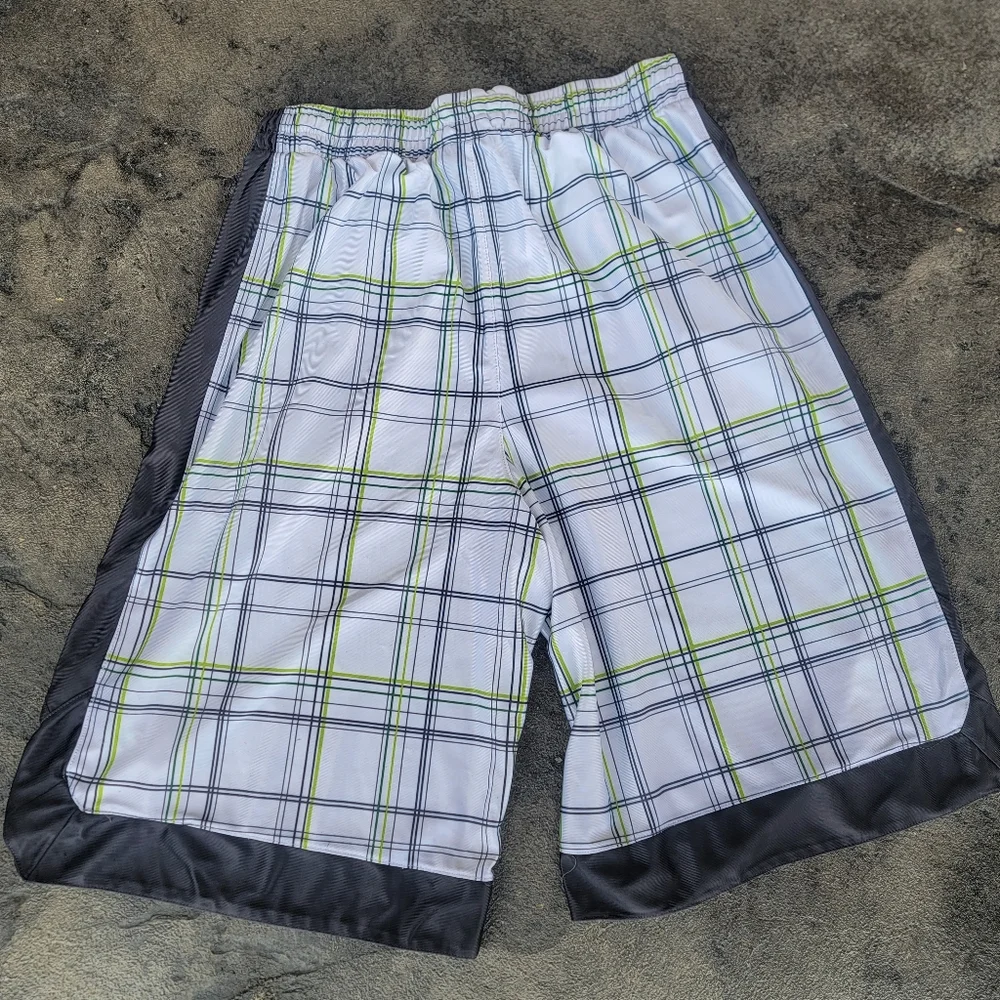 Vintage 90s Shaquille O'Neal Fashion Plaid Neon Green/Dark Gray Athletic Shorts